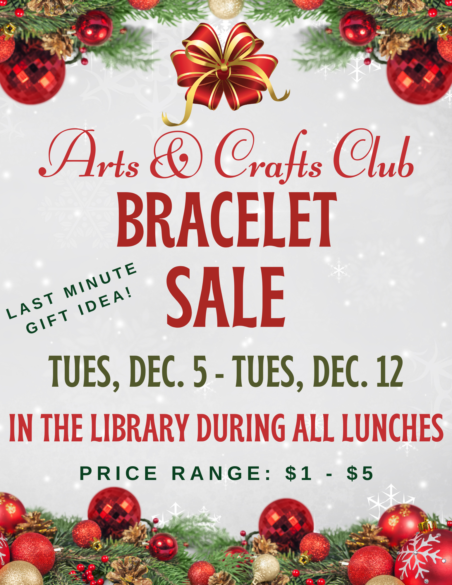  Ornaments with info about bracelet sales during lunch Dec 4-12